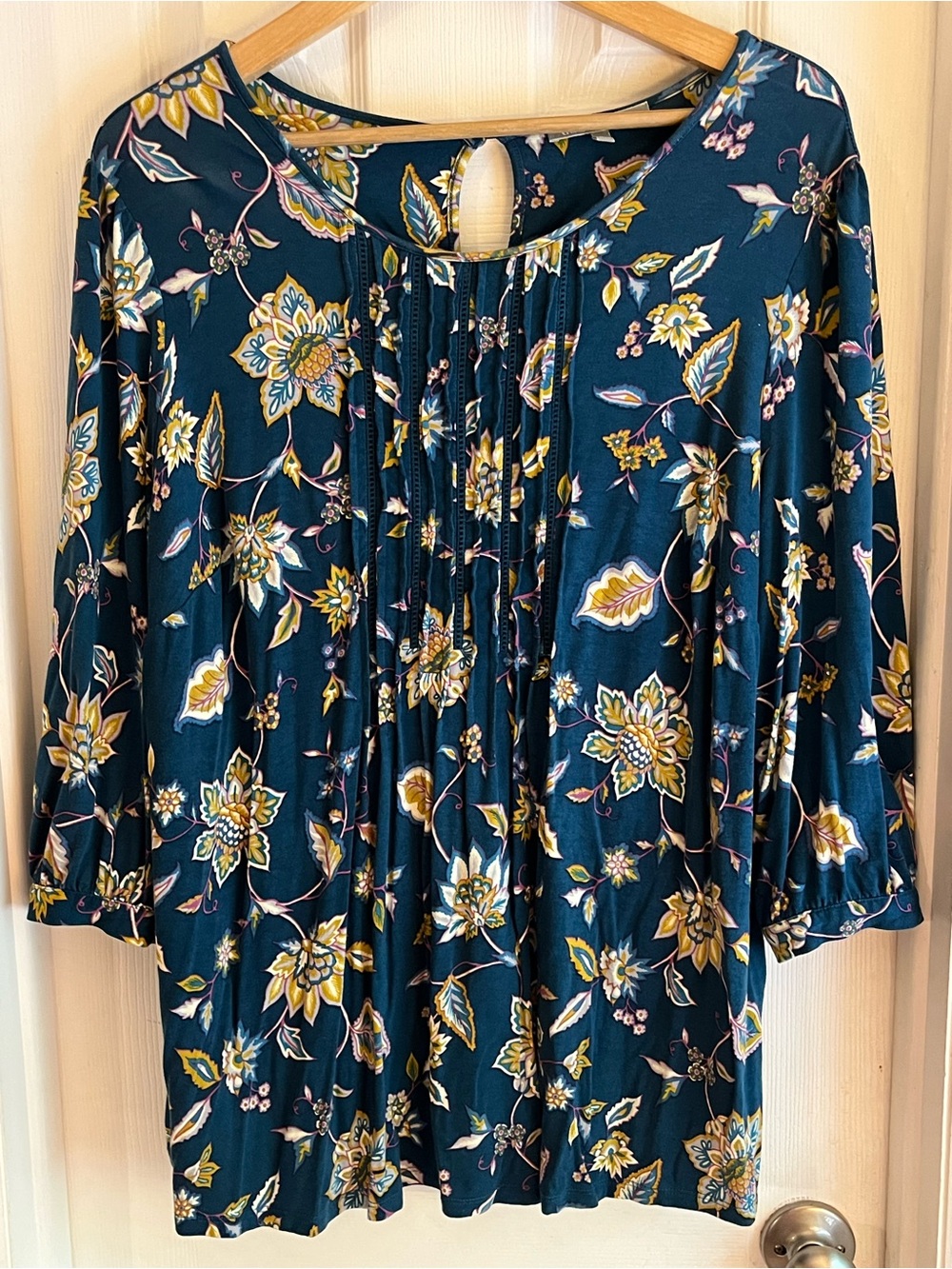 Daniel Rainn Womens Top 1X Teal Blue Beige 3/4 Sleeve Soft